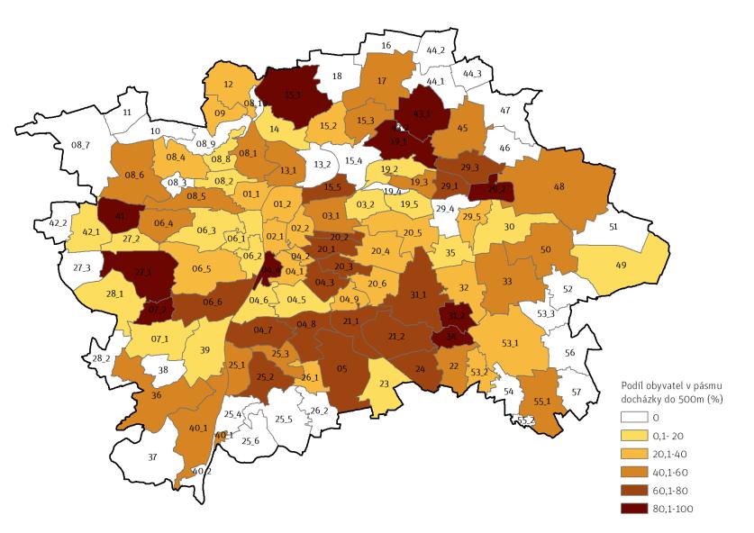 Oblasti s dobrou dostupností veřejných sportovišť ukazuje Mapa 02, bydlí v nich cca 46 % obyvatel Prahy.