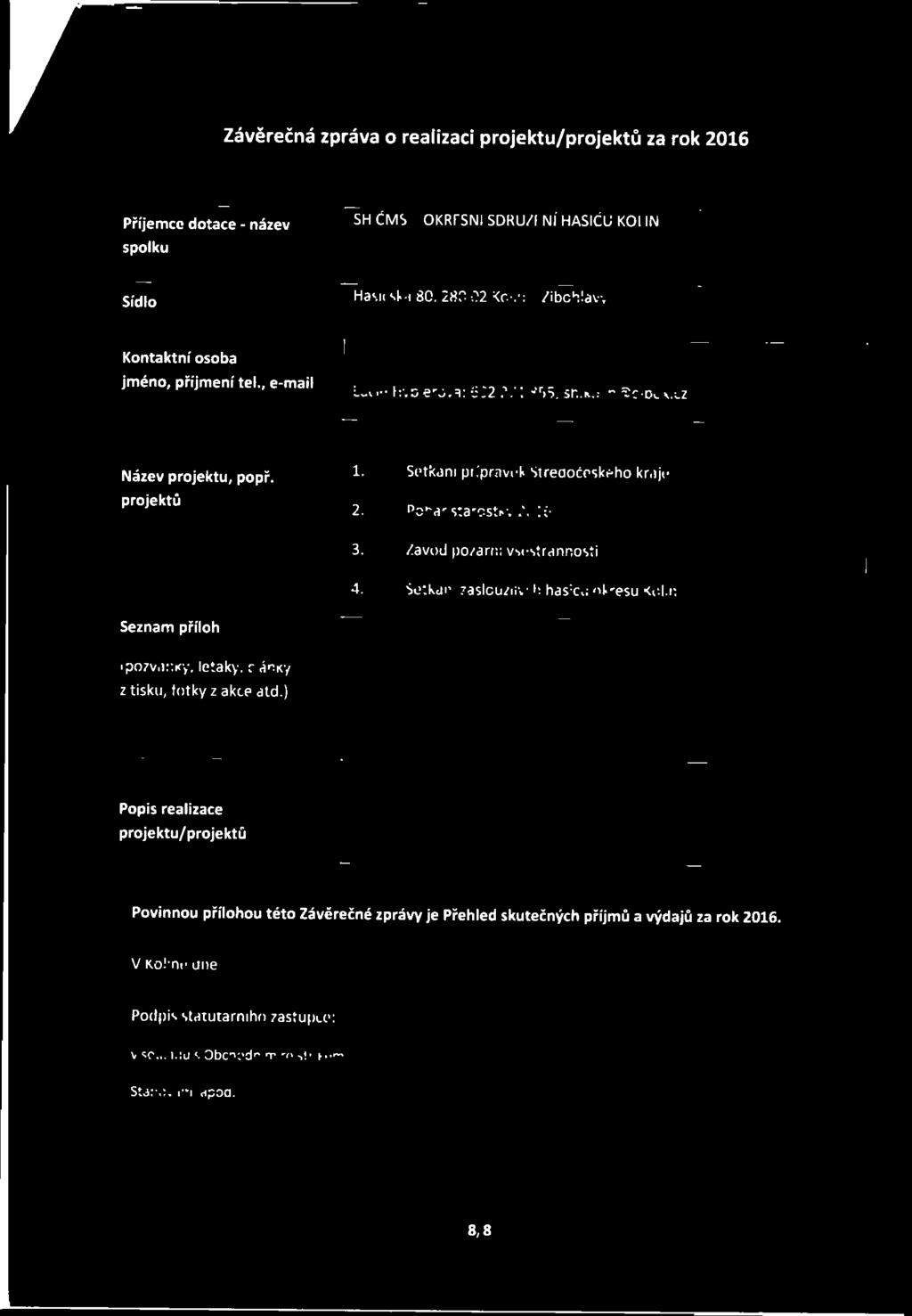 Závěrečná zpráva o realizaci projektu/projektů za rok 2016 Příjemce dotace - název SH ČMS - OKRESNÍ SDRUŽENÍ HASIČŮ KOLÍN spolku Sídlo Hasičská 80, 280 02 Kolín - Zibohlavy