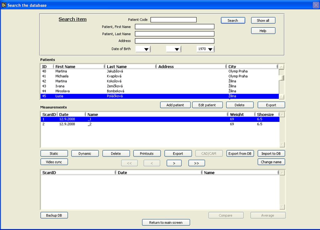 24 3 Databáze Po stisknutí tlačítka vstupní obrazovky se zobrazí obrazovka databáze, která umožňuje organizaci dat pacientů, záznamů měření, tiskové výstupy, export dat, atd Standardní