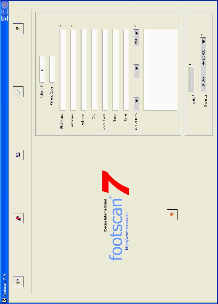 4 1 Vstupní obrazovka Hlavní obrazovka je určena pro nastavení systému footscan a provedení jeho kalibrace.