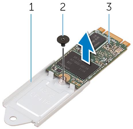 3 slot disku SSD 4 základní deska 3 Sestavu disku SSD otočte a odšroubujte šroub (M2x2), kterým je připevněn disk SSD k držáku disku SSD.