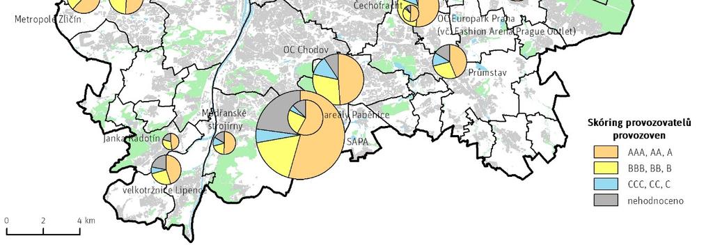 Naopak provozovny, jejichž provozovatelé měli nejhorší skóring (CCC, CC nebo C) byly nejvíce zastoupeny v malých okrajových městských částech Praha-Benice (12 %), Praha-Zličín (11,1 %),