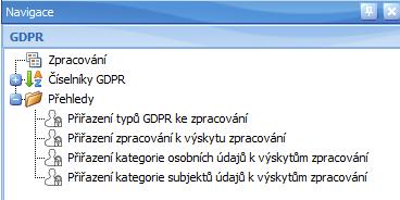 GDPR Aktuální podoba navigačních položek modulu a aktuální detail záznamu zpracování pro verzi 4.