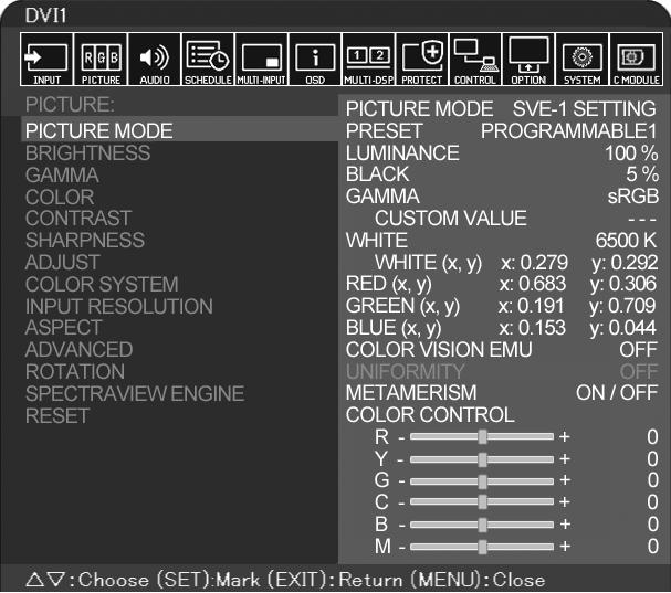 Režim obrazu Nabídka režimu obrazů se může lišit v závislosti na nastavení SPECTRAVIEW ENGINE (Modul SPECTRAVIEW) v nabídce OSD PICTURE (Obraz OSD, viz strana 34).