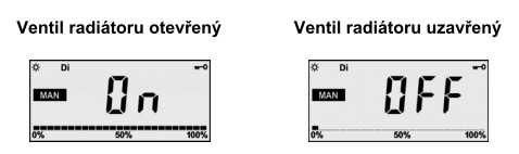 Otevření resp. zavření ventilu radiátoru Chcete-li ventil radiátoru úplně otevřít resp. zavřít, stiskněte v provozním režimu MANUELL nebo AUTOMATIK tlačítko UP resp.
