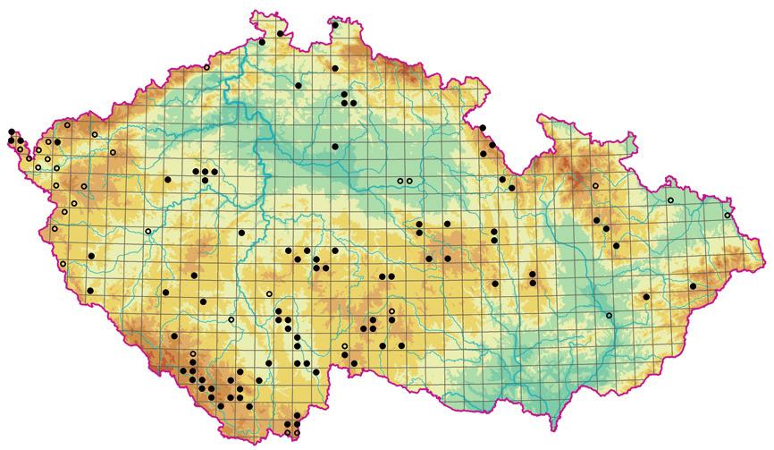 Magno-Caricion elatae Obr. 279. Rozšíření asociace MCG02 Equiseto fluviatilis-caricetum rostratae; existující fytocenologické snímky dávají dosti neúplný obraz skutečného rozšíření této asociace. Fig.