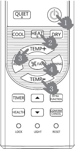 Nastavení teploty Stiskněte tlačítko TEMP +/- TEMP+ každé stisknutí zvýší nastavenou teplotu o 1 C TEMP- každé stisknutí sníží nastavenou teplotu o 1 C Pokud tlačítko přidržíte, teplota se nastaví