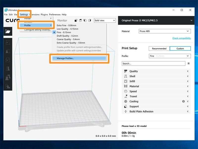 Step 7 Import profilů tiskárny (výšky vrstvy) Klikněte na Settings -> Profile -> Manage Profiles Dále