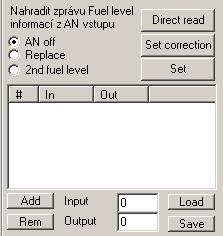 Recording of calibration curve to CAR2FMS v2. Allows replacement of Fuel level at output CAN by value from analog input or generating of information as secondary float. Correction table.