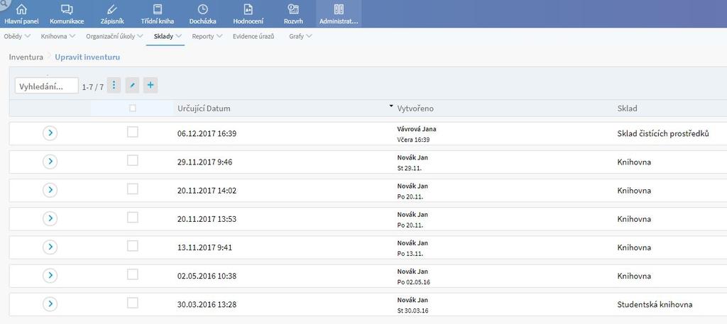 Inventura Přehled všech provedených inventur. Každá inventura obsahuje informaci o tom, kdo ji vytvořil a určující datum, ke kterému se inventura uzavírá. K inventuře je možné vložit poznámku.