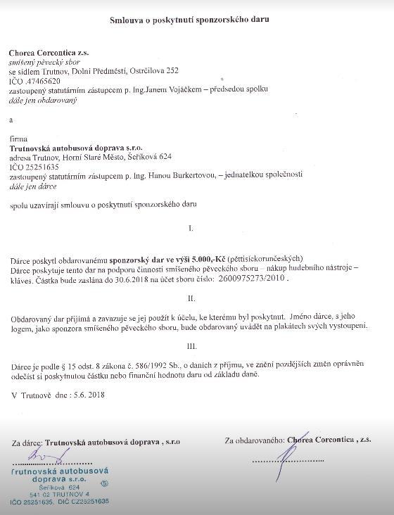 Dotace na klávesy 5.6.2018 Dotace na klávesy od manželů Trutnovské autobusové dopravy s.r.o. a Ing.Hany Burkertové CK C.A.B. Smlouvy podepsána 5.6.2018. Iniciátorem za CHC Míla Rousek.