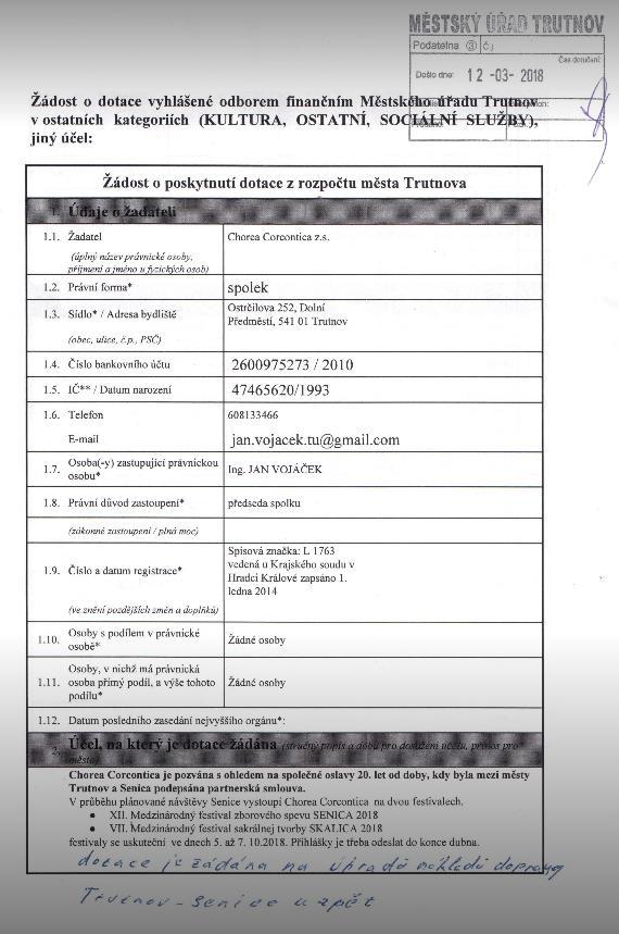 Žádost o dotaci na festival sborového zpěvu v Senici SENICA 2018 v rámci příprav na zájezd s vystoupením pěveckého sboru CHC v říjnu 2018 a v návaznosti na žádost pěveckého zboru