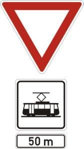 Obr. 58 Značka č. P 5 se umísťuje ve vzdálenosti do 25 m od místa křížení nebo od začátku přibližování tramvajové koleje. Je-li provoz na místě křížení řízen světelnými signály, lze značku č.