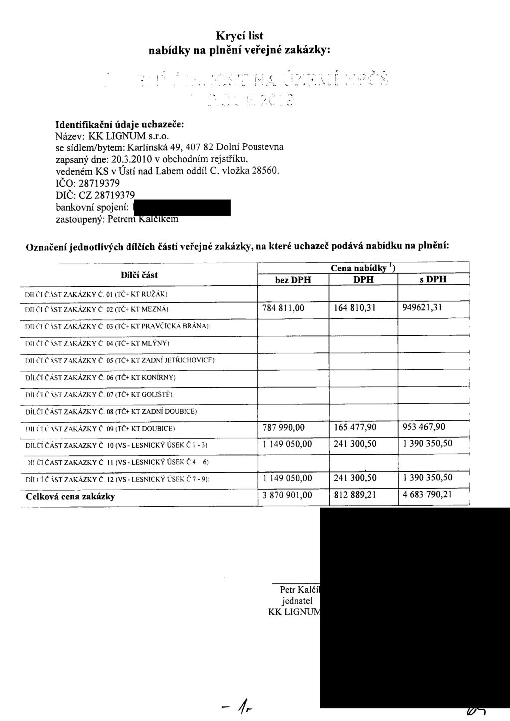 Krycí list nabídky na plnění veřejné zakázky: Identifikační údaje uchazeče: Název: KK LIGNUM s.r.o. se sídlem/bytem: Karlínská 49, 407 82 Dolní Poustevna zapsaný dne: 20:3.2010 v obchodním rejstříku.