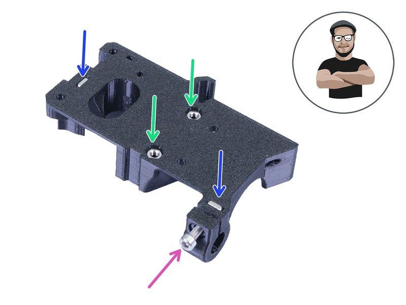 Step 5 Sestavení Extruder-body Vezměte dvě matky M3nS a vložte je do dílu Extruder-body. Zkontrolujte správné zarovnání matek pomocí inbusového klíče. Zajistěte matici pomocí šroubu M3x10.