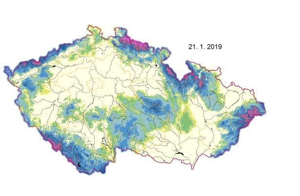 3. ZÁSOBY VODY VE SNĚHOVÉ POKRÝVCE Na začátku ledna (7. 1. 2019) leželo nejvíce sněhu v Beskydech, 140 až 180 cm (Lysá hora 185 cm výšky sněhu a 413 mm vodní hodnoty).