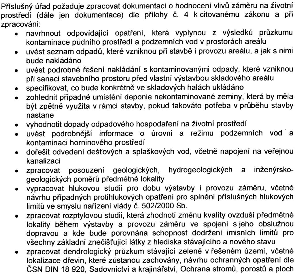 5 Závìr: Zámìr "Skladový areál Bal Hostivaø" naplòuje dikci bodu 10.6, kategorie II, pøílohy è. 1 zákona è. 100/2001 Sb., o posuzování vlivù na životní prostøedí.