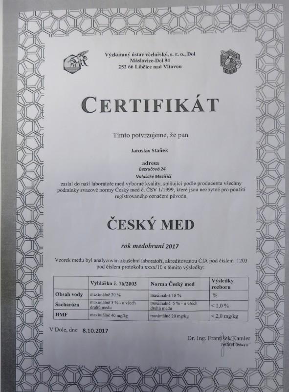 Český med Valašské Meziříčí Nevyhovující parametry: HMF: 368 mg/kg, mg/kg, 413 mg/kg