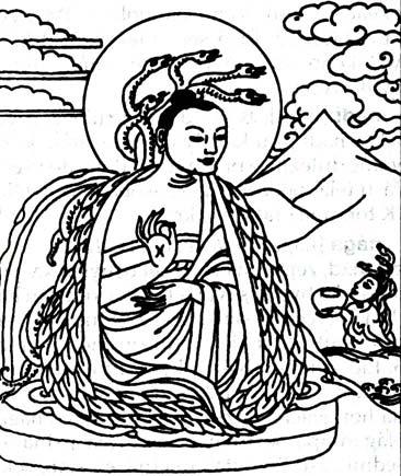 (tibetský dřevořez) typické vyobrazení Nágárdžuny - dle tradice odvozené z mýtů o draku Vrtrovi a Indrovi - byl samotným králem nágů hadů v hlubinách oceánu zasvěcen do esoterických nauk (ardžuna je
