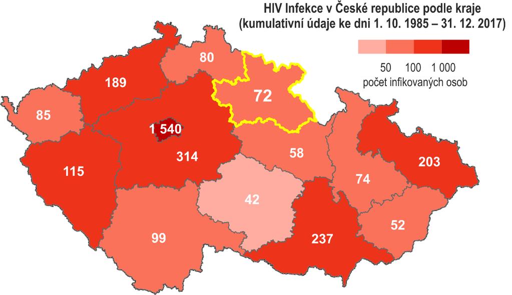 Mapa 3 HIV Infekce v České republice podle kraje bydliště v době první diagnózy HIV v období 1985 217 Pozn.