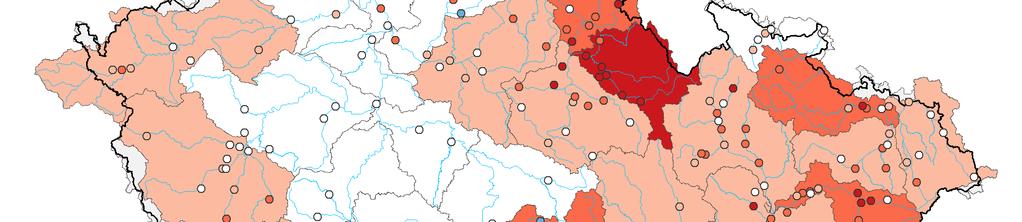 Mapa ukazuje stav podzemní vody ve sledovaných vrtech a oblastech povodí dle pravděpodobnosti překročení úrovně hladin v daném týdnu v referenčním období 1981 2010 (viz text).