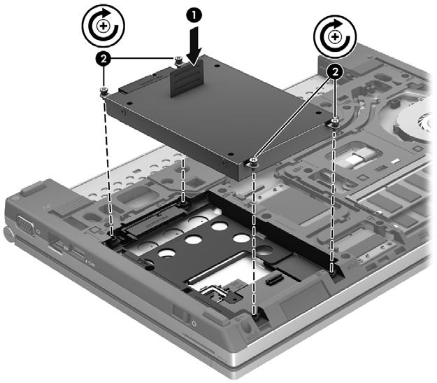 2. Zajistěte pevný disk namontováním 4 šroubků (2). 3. Nasaďte servisní kryt (viz Odebrání nebo nasazení servisního krytu na stránce 28). 4. Vraťte zpět baterii (viz Vložení a vyjmutí baterie na stránce 26).