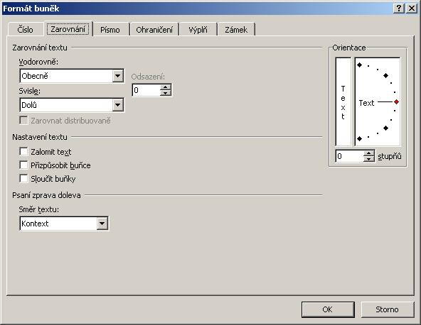 V záložce zarovnání je možné provádět zarovnání textu v rámci buňky. Můžeme zde také měnit orientaci textu v rámci buňky. Můžeme zde text otočit o libovolný počet stupňů.