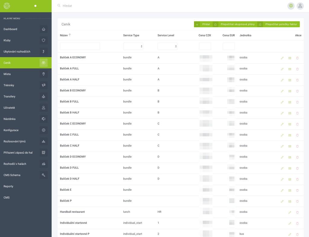 CENÍK Flexibilní tvorba cenového modelu turnaje vytváření položek a jejich seskupování do balíčků. Položky ceníku jsou různého typu, od startovného, po ubytování, stravování apod.