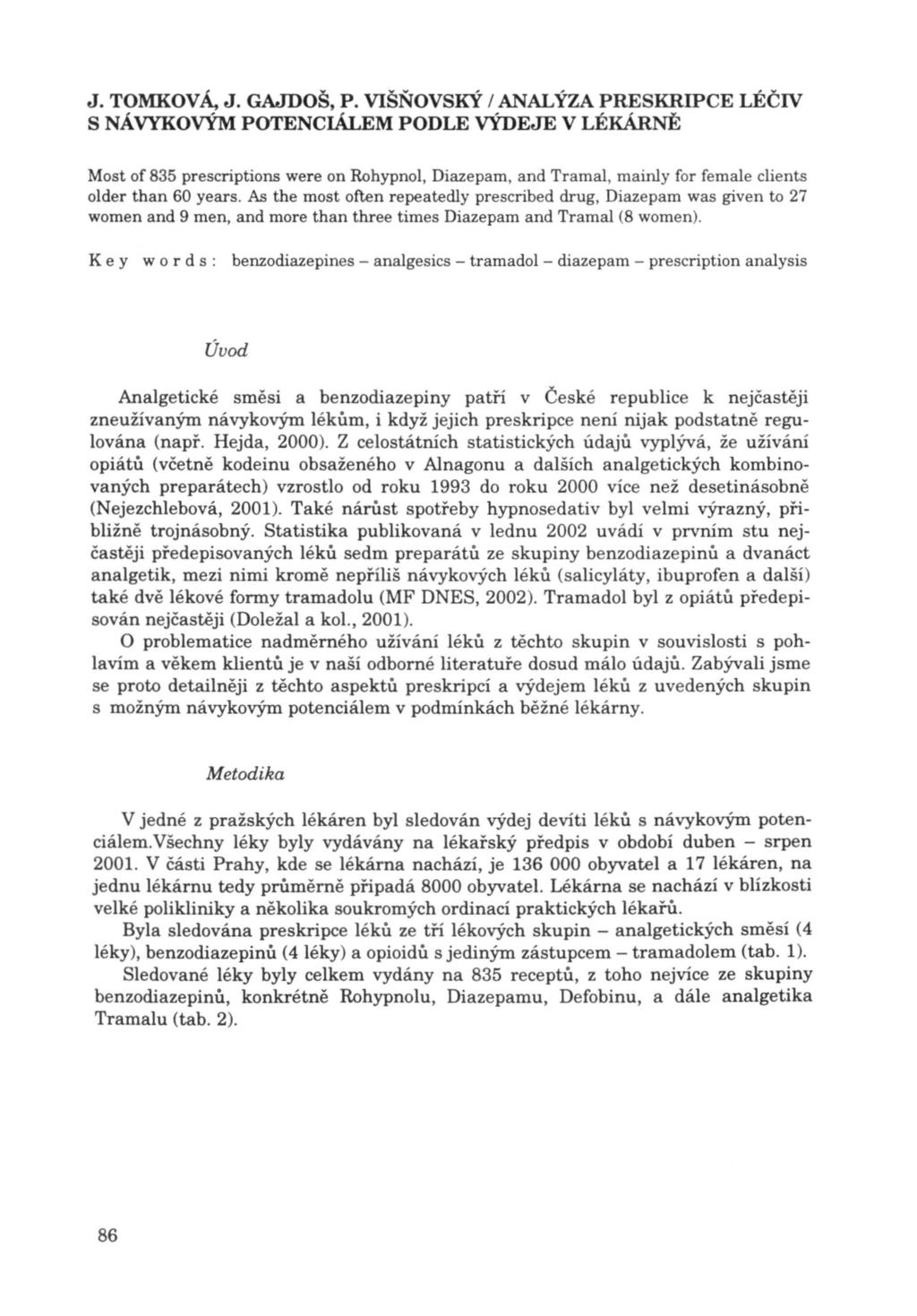 J. TOMKOVÁ. J. GAJDOŠ, P. VIŠŇOVSKÝ / ANALÝZA PRESKRIPCE LÉČIV Most of 835 prescriptions were on Rohypnol, Diazepam, and Tramal, mainly for female clients older than 60 years.