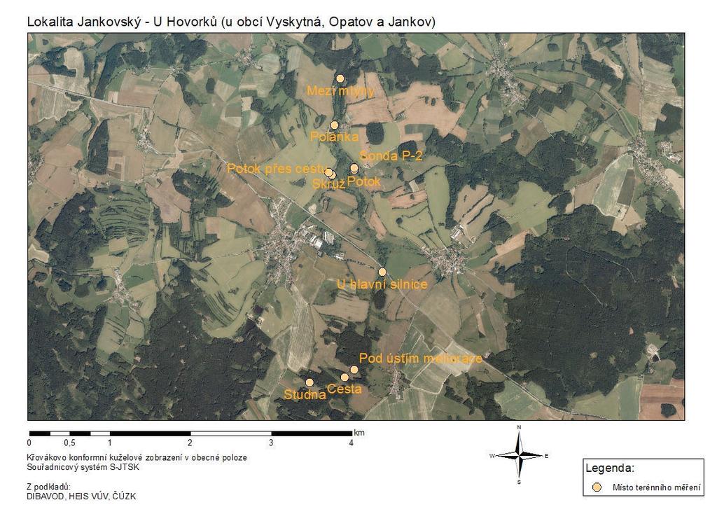 Obrázek 5: Ortofotomapa horní části povodí Jankovského potoka Charakterizace jednotlivých měřených profilů a bodů (viz přehlednější mapa na obrázku 5 a podrobnější na obrázku 6) byla následující: Bod