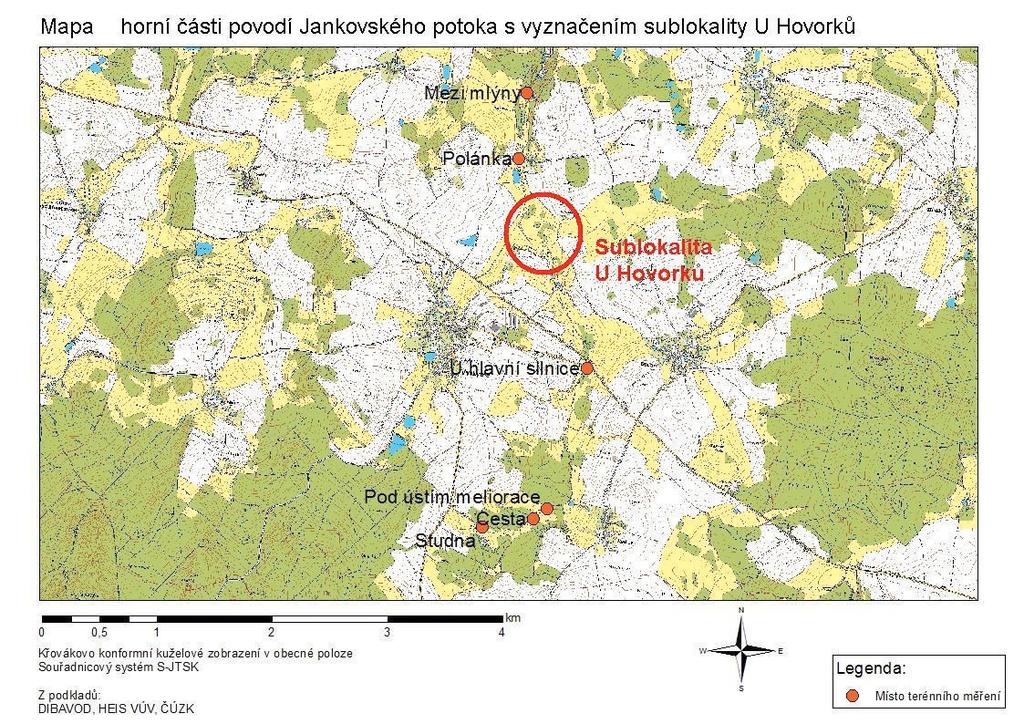 Obrázek 2: Podrobná mapa horní části povodí Jankovského potoka 2 POSTUP A STRUČNÁ METODIKA PRACÍ V rámci studie byla počátkem roku 2015 provedena a následně průběžně doplňována rešerše odborné