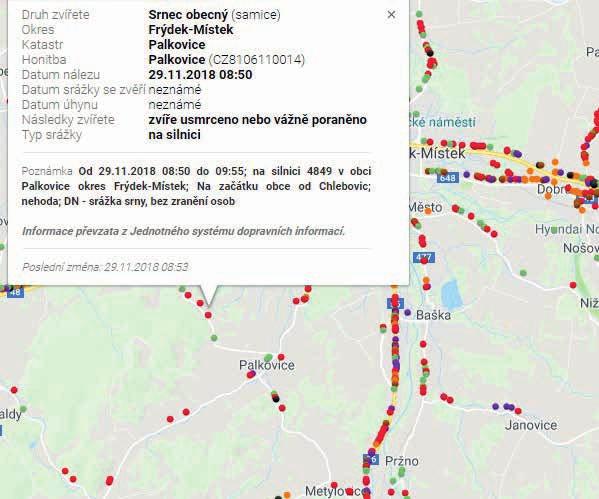 znázorní červené tečky. Poklepem na tečku se zobrazí číslo, datum a druh dopravní nehody.