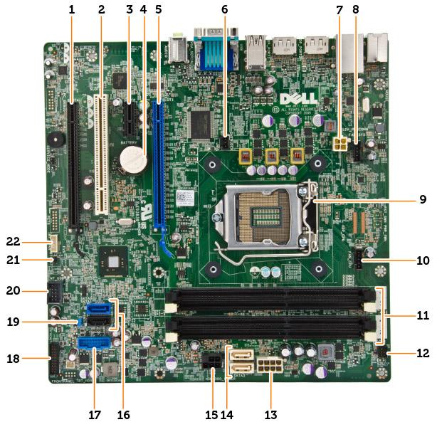 1. Slot PCI Express x16 (zapojený jako x4) 2. Slot PCI 3. slot PCIe x1 4. knoflíková baterie 5. slot PCI Express x16 6. konektor spínače proti neoprávněnému vniknutí 7.