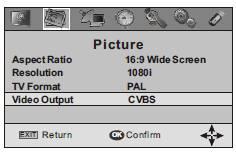 Záložka Picture Nastavení obrazu Aspect Ratio Formát připojeného displeje 4:3 nebo 16:9. Resolution Rozlišení obrazu:1080p / 1080i / 576i / 576p / 720p. TV Format Kódování obrazu PAL nebo NTSC.