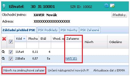 2. Údaj v závorce je rok původního zařazení. 3. Zatrhněte checbox u těch PSK, kde chcete provést změnu zařazení nebo i nové zařazení. 4. Stiskněte tlačítko NÁVRH NA ZMĚNU/NOVÉ ZAŘAZENÍ.