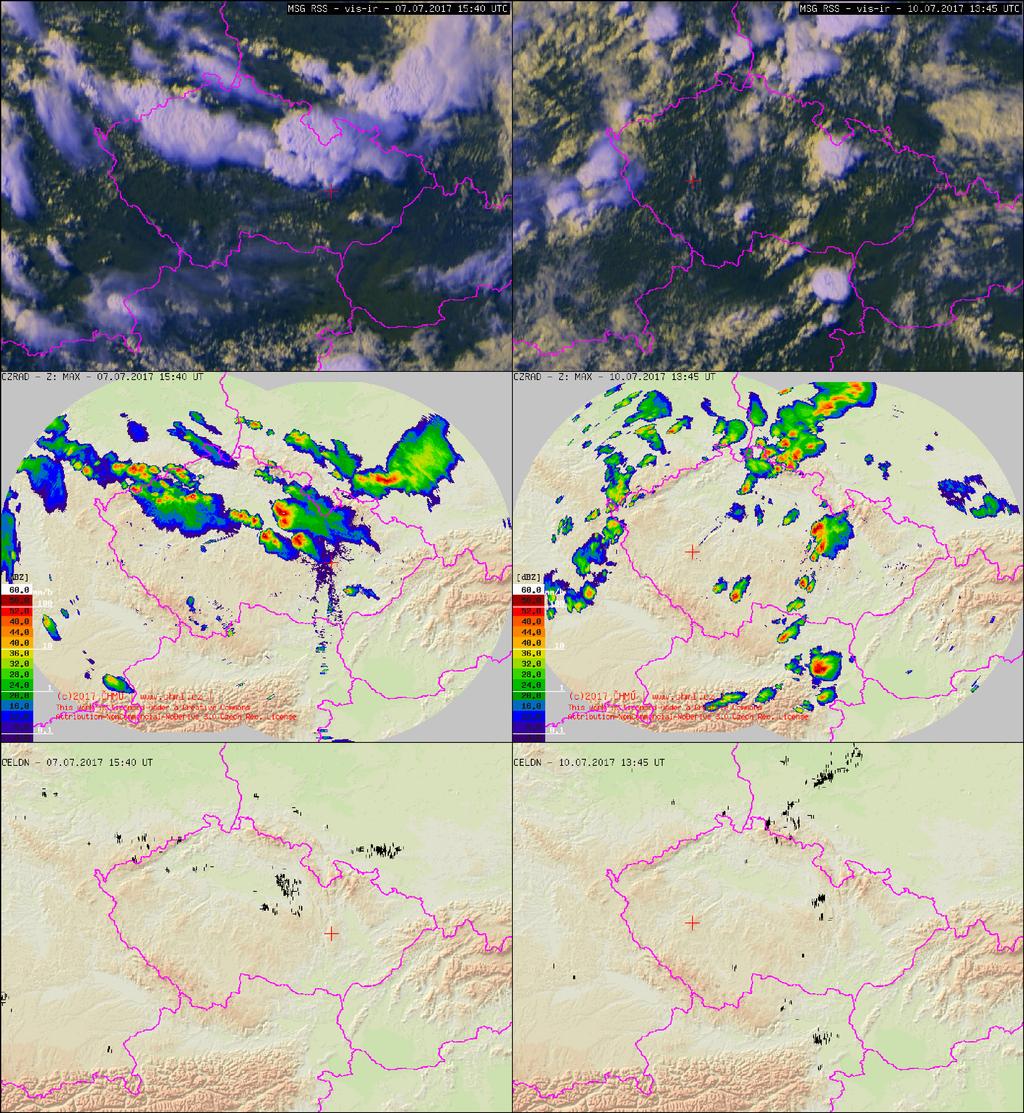 Obr. 2.1: Ukázka konvektivních bouří ze 7. července (levý sloupec) a 10. července (pravý sloupec) 2017 na území ČR v operativní aplikaci JSMeteoView (ČHMÚ).