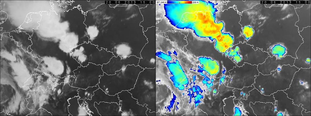 Podrobnosti k případu bouře a další vysvětlení viz Valachová a Radová (2014). černobílém zobrazení jsou teplé oblasti tmavé (zemský povrch) a chladné oblasti světlé až bílé (oblačnost vysokého patra).