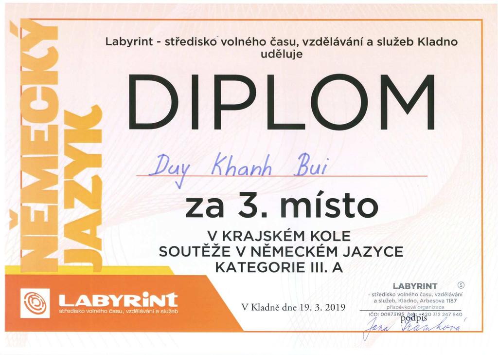 12) Výsledky soutěží a olympiád výsledkové listiny krajských kol slušné výsledky Výsledky krajského kola soutěže v NJ - kategorie III.A, III.B 19. března 2019, Gymnázium Kladno Kategorie III.
