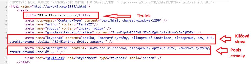 Titulek, popis stránky i klíčová slova jsou v HTML kódu zapisována do tzv. hlavičky dokumentu head tagu.