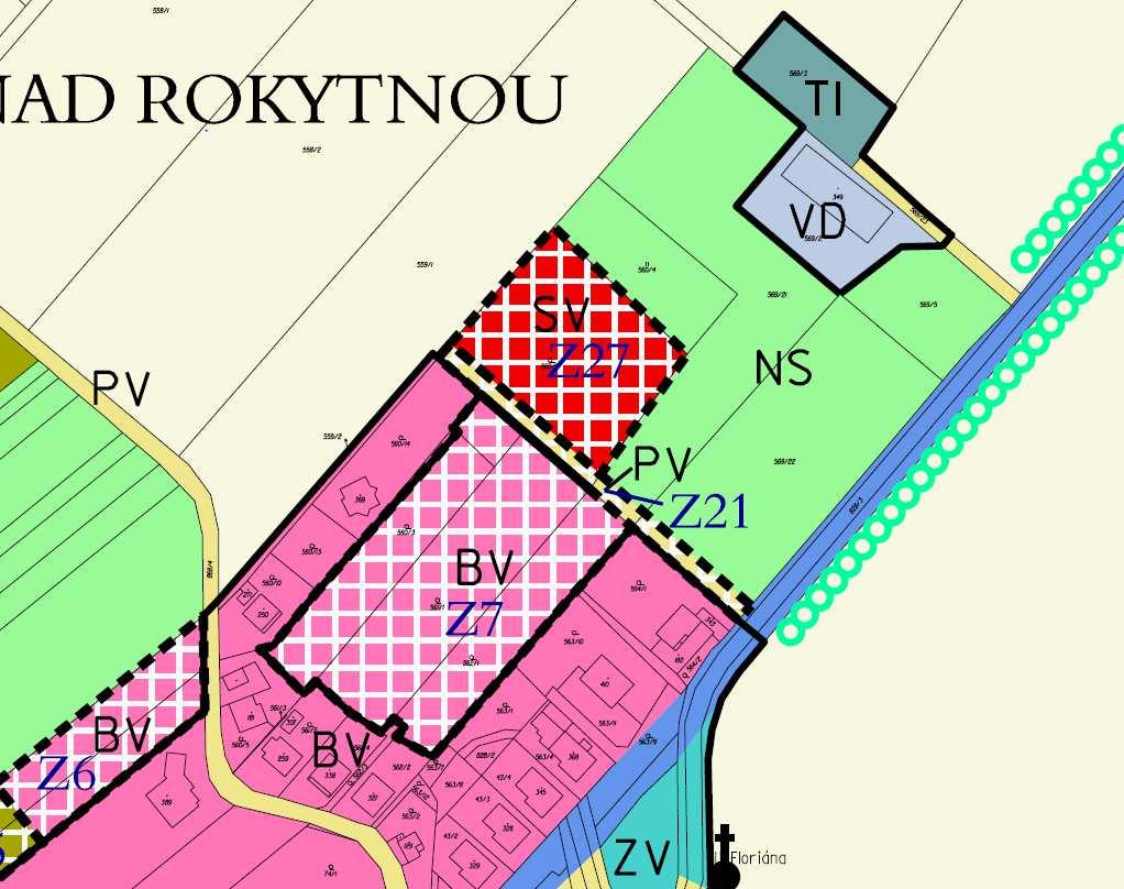 Jižní oddělený výběžek je součástí zastavitelné plochy Z7, z hlediska využití jde o plochu bydlení v rodinných domech venkovské BV.