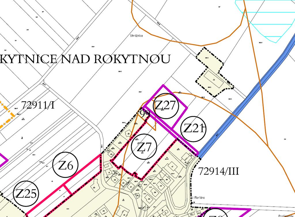 Zhruba ve směru západ-východ je požadovaný pozemek předělen zastavitelnou plochou Z21 pro veřejné prostranství PV.