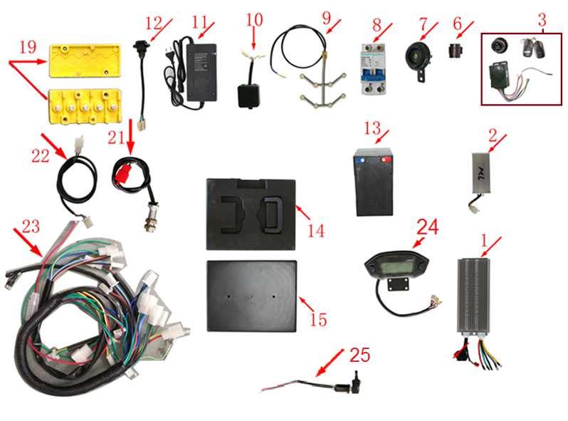 A1 593990001 Elektronika 72V Controller 72V A2 561550012 Měnič napětí 72V na 12V Voltage converter 72V to 12V A3 Klíček Key A4 593990003 Tlačítkový spínač Button starter A5 Alarm Alarm A6 593990006