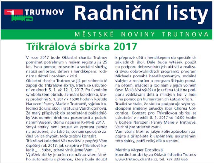 Pozvánka Charity na tříkrálovou sbírku 2017. Výstřižek radničních listů Ročník 24 Vyšlo: Prosinec 21.12.