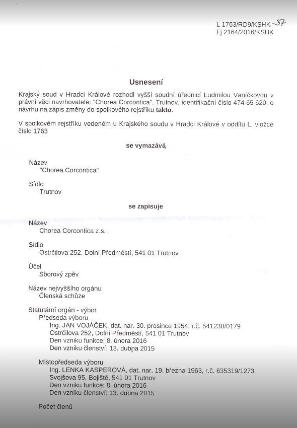 Usnesení KSHK o změně zápisu do spolkového rejstříku Jak patrno z přiloženého usnesení, návrh na změnu zápisu byl přijat.