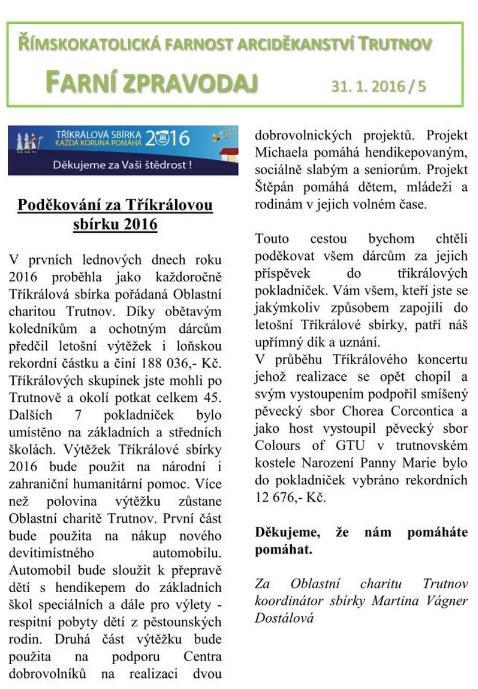 Poděkovíní za Tříkrálovou sbírku 2016 2016