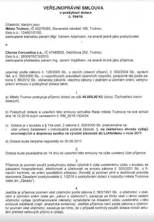 Informace o poskytnuté dotaci do Lohfeldenu 2017 Jako na vánoční dárek můžeme nahlížet na městem Trutnov poskytnutou dotaci na dopravu, pro výroční slavnosti o partnerství, na které se sbor chystá 2.
