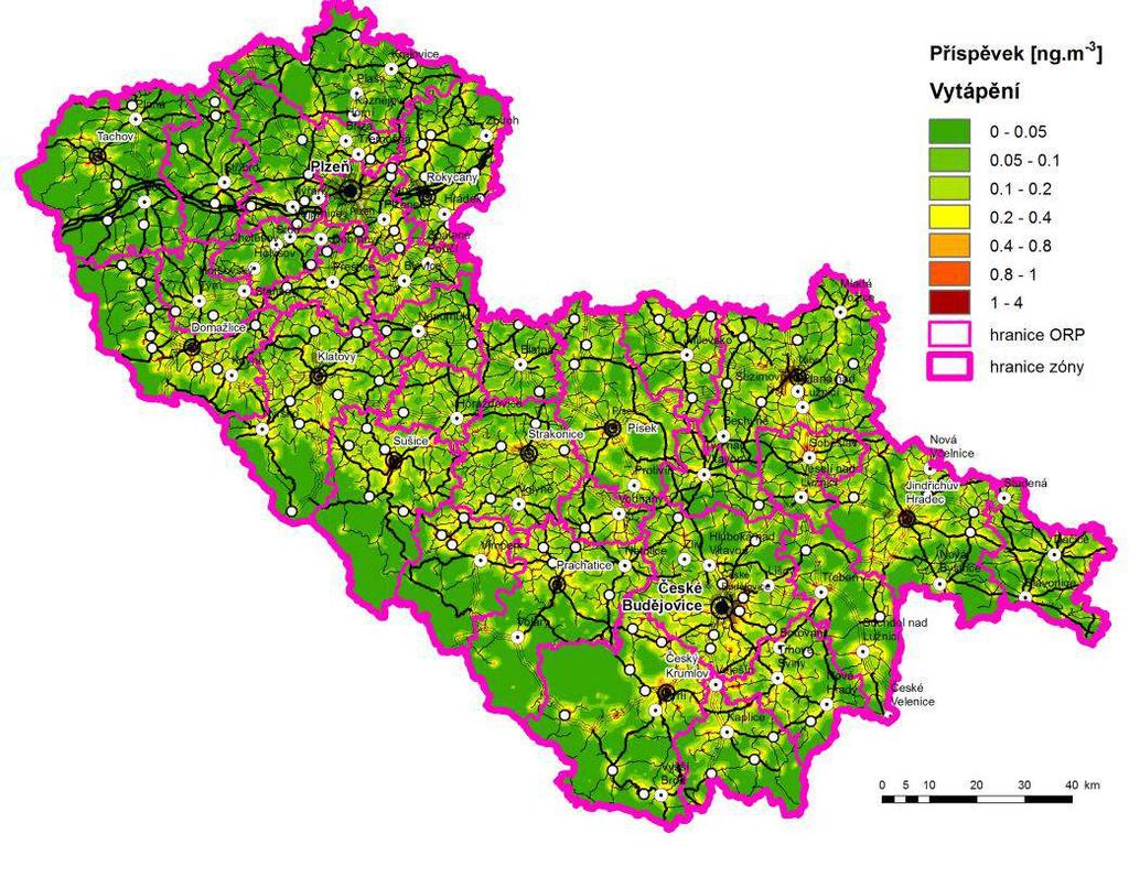 Obrázek 39: Příspěvek skupiny Vytápění domácností (Vytápění) k průměrné roční koncentraci