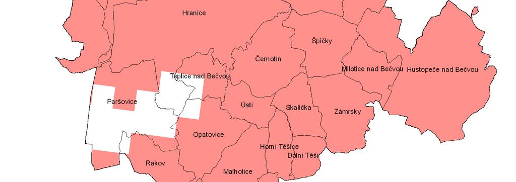 Malhotice, Milotice nad Bečvou, Opatovice, Polom, Provodovice, Rakov, Rouské, Skalička, Střítež nad Ludinou, Špičky, Ústí, Všechovice a Zámrsky.