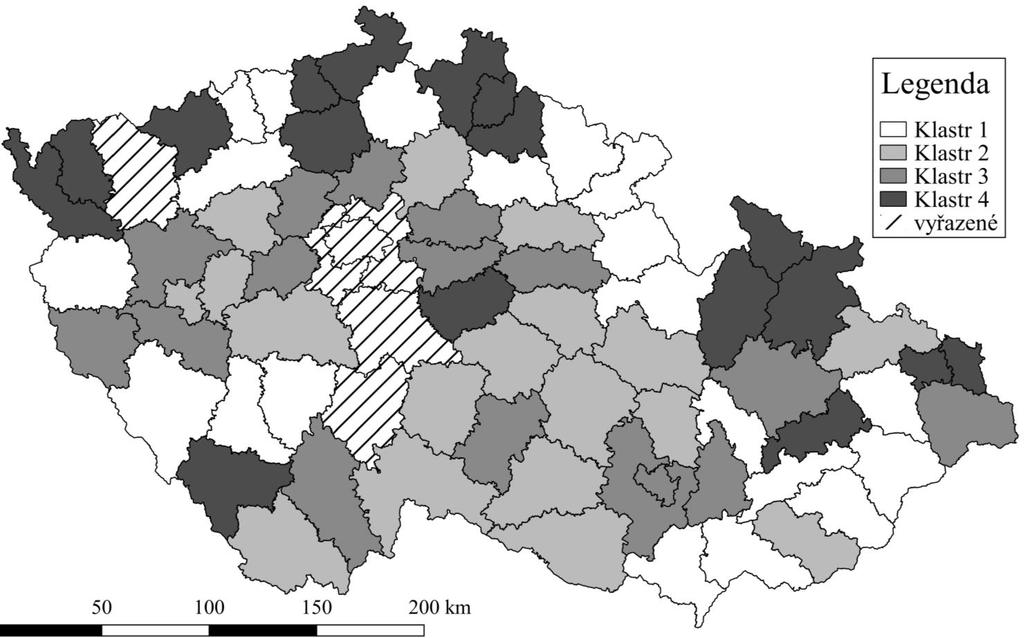 Kategorizace mikroregionů na základě změn ekonomického prostředí Klastr 1:PI, ST, KT, TC, LN, MO, TP, CL, JC, NA, RK, TU, UO, BV, HO, PV, KM, VS, ZL, NJ.