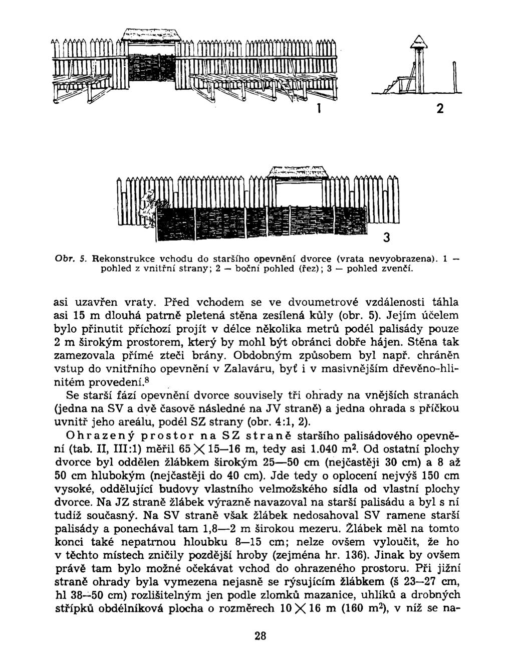 1 Obr. 5. Rekonstrukce vchodu do staršího opevnění dvorce (vrata nevyobrazena). 1 pohled z vnitřní strany; 2 boční pohled (řez); 3 pohled zvenčí. asi uzavřen vraty.